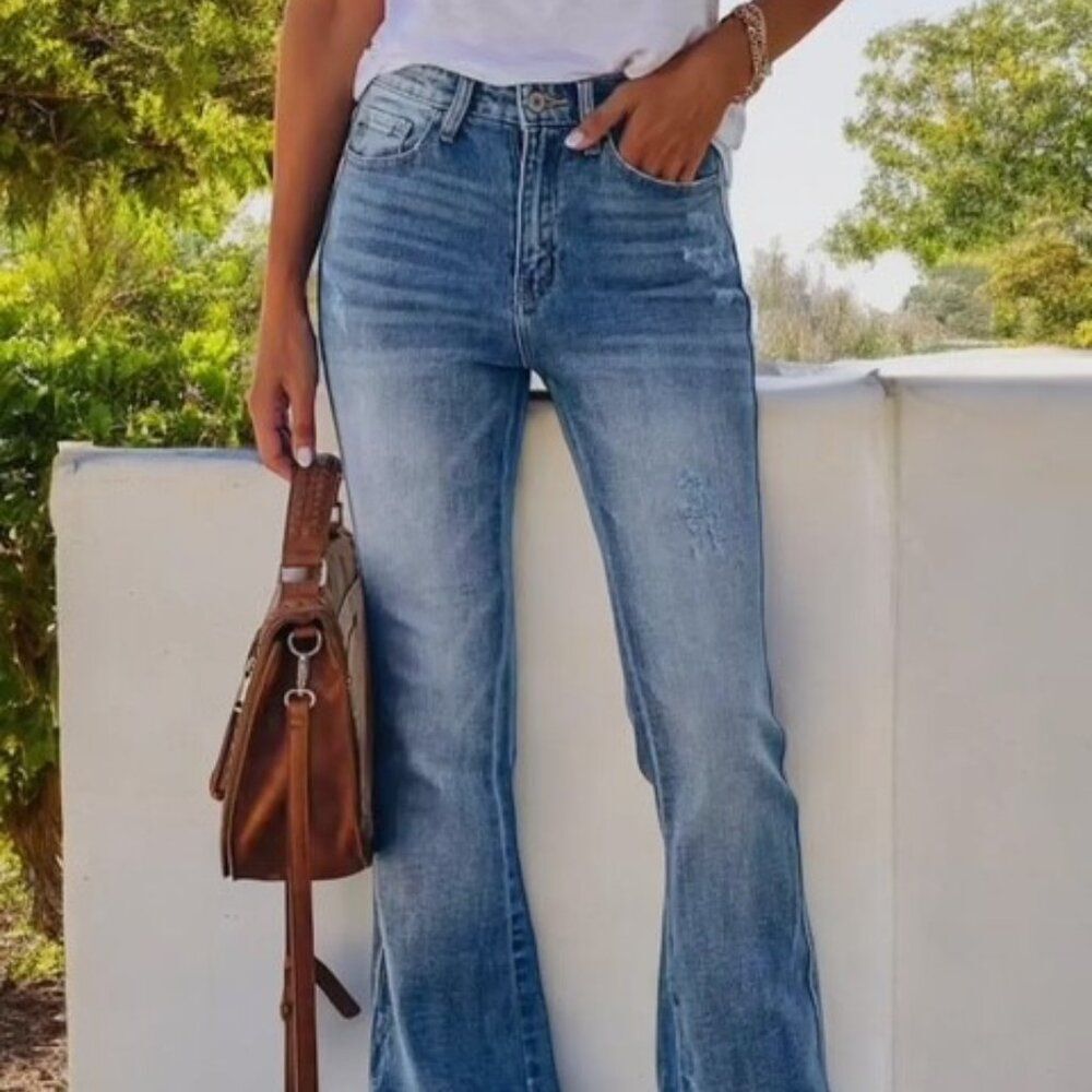 High Waist Flare Jeans w/ Light Distressing and Classic Fit